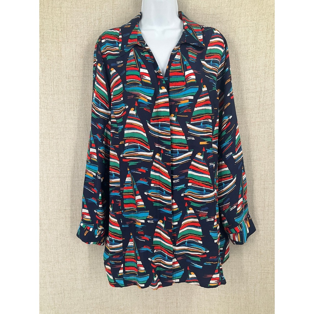 Soft Surroundings Button Up‎ Women XL Navy Cupro Sailboat Coastal Print Nautical